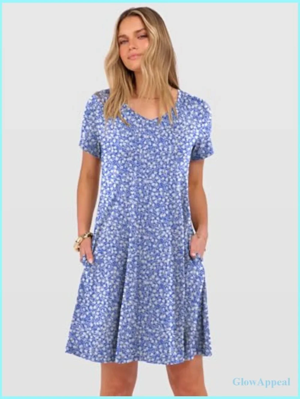 Women's V Neck Short Sleeve Flowy Mini Dress with Pockets